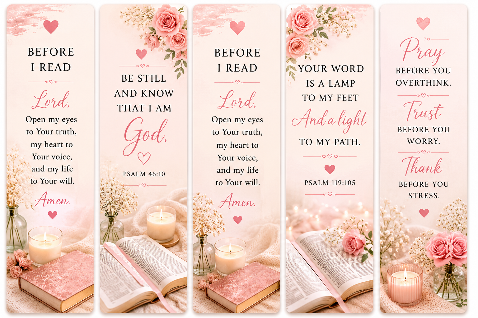 Set of 4 printable Christian faith bookmarks with pink floral design and scripture verses