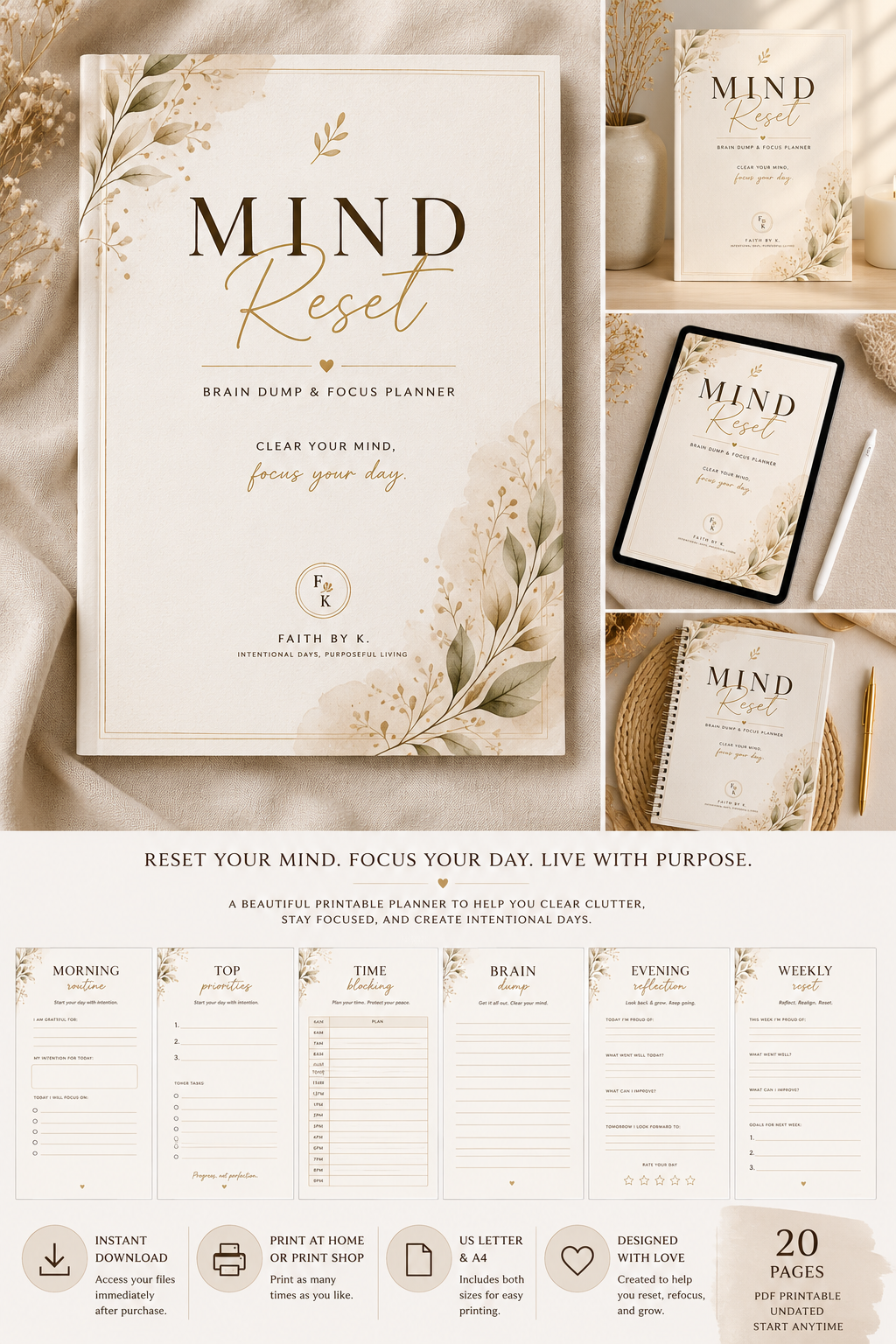 Mind Reset Planner | Printable Daily Planner | Digital Wellness Journal | PDF Download
