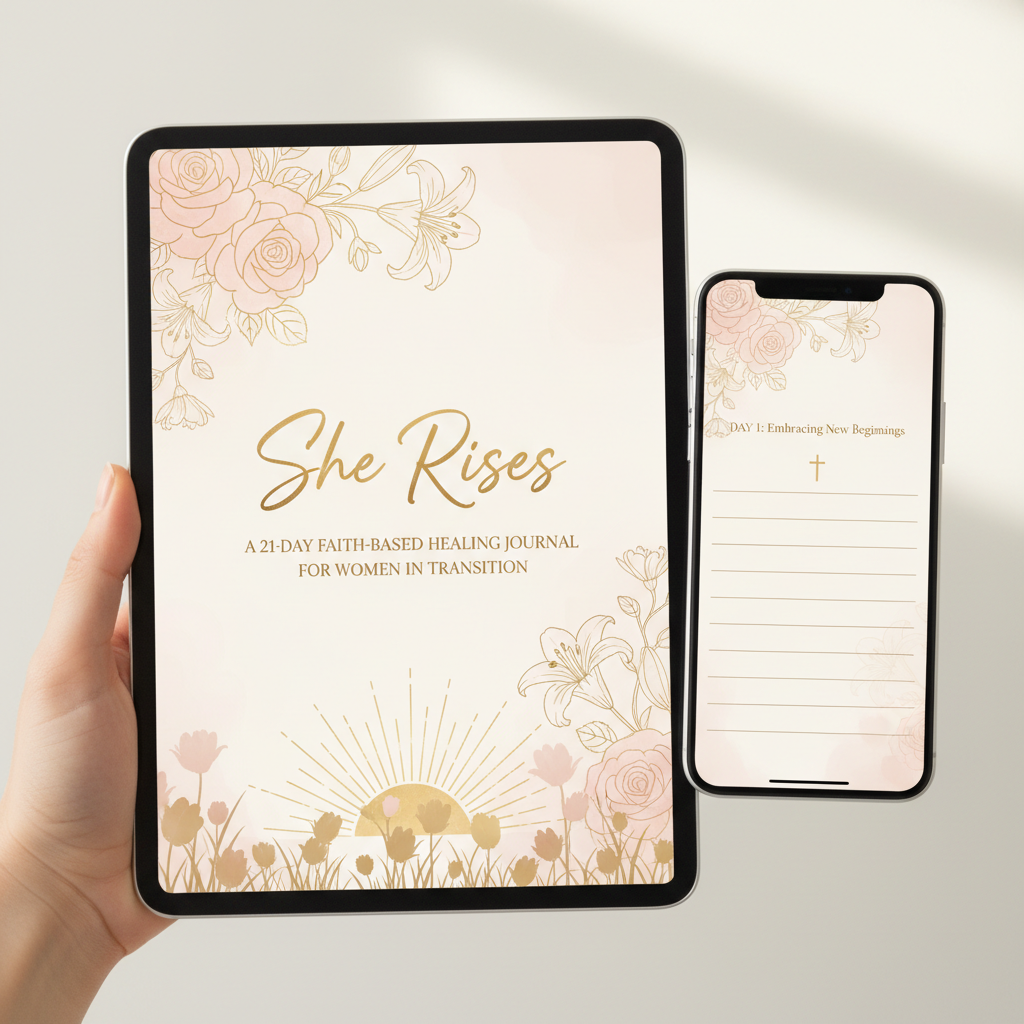 She Rises: A 21-Day Faith-Based Healing Journal for Women in Transition - digital journal mockup